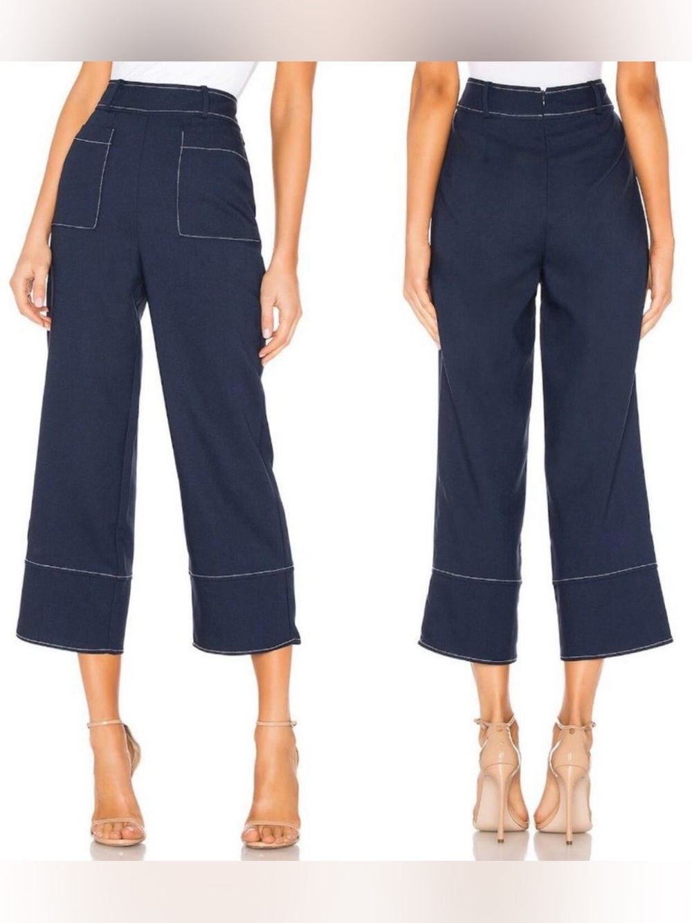 Lovers + Friends Hattie Navy Cropped Wide-Leg Pants Contrast Stitching Sz L NWT